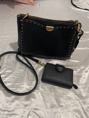 Coach Dreamer Navy Blue Leather Crossbody with Gold Studs and Matching Wallet